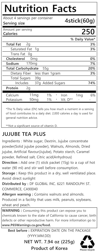 Damtuh Jujube Tea (Red Date Tea) – Traditional Korean Herbal Blend with Walnuts & Almonds, 15 Sticks