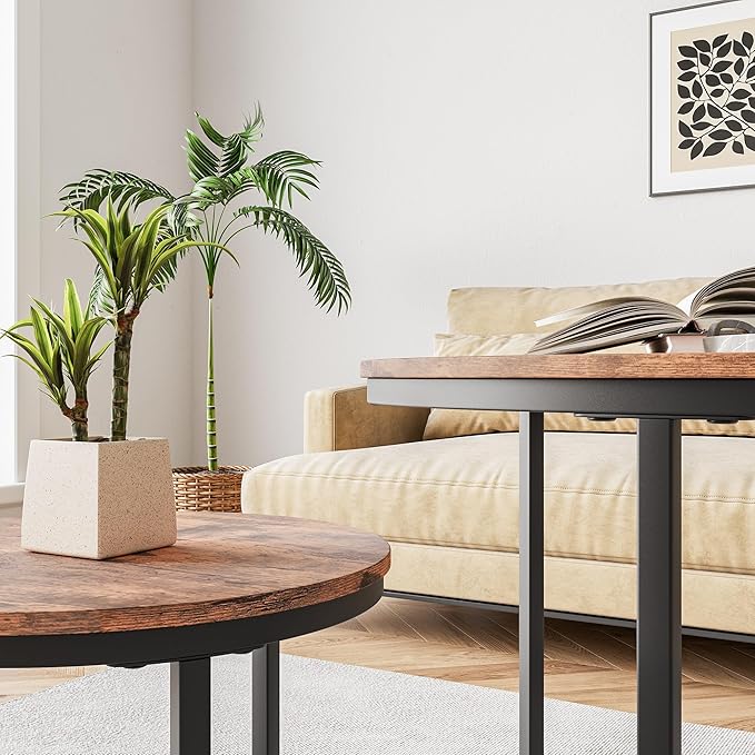 Small Coffee Table Living Room, Black Round Coffee Table Nesting Table Set of 2,Metal Frame with Wood Sofa Table,Sturdy and Easy Assembly,Stacking Side Table for Bedroom,Office,Balcony