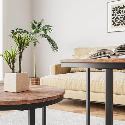 Small Coffee Table Living Room, Black Round Coffee Table Nesting Table Set of 2,Metal Frame with Wood Sofa Table,Sturdy and Easy Assembly,Stacking Side Table for Bedroom,Office,Balcony