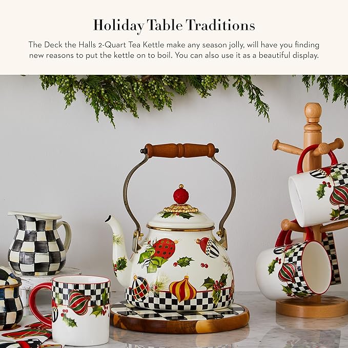 MACKENZIE-CHILDS Deck the Halls 2-Quart Enamel Tea Kettle, Christmas Tea Kettle for Stovetop
