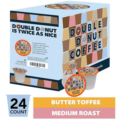 Double Donut Coffee Flavored Coffee Pods,Butter Toffee Coffee, Single Serve Medium Roast Coffee for Keurig K Cups Brewers, 24 Count