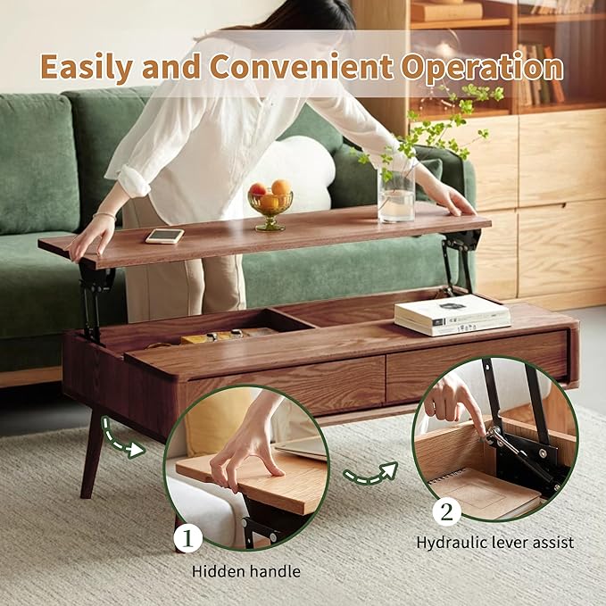 Wood Lift Top Coffee Table, 100% Solid Oak Wood Small Rising Dining Center Tables with Storage Shelf and Hidden Compartment for Living Room 48D x 26W x 26H