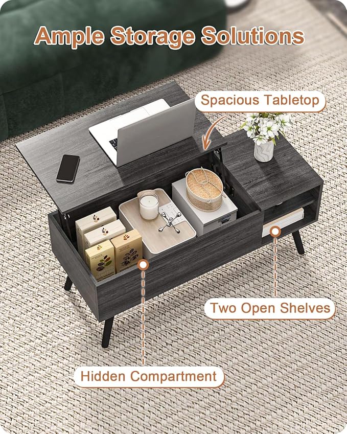 ALINE FURNITURE Gray Coffee Table Lift Top - Dark Grey Coffee Table with Solid Wood Legs, Hidden Storage Compartment & Open Shelves - 40" Rectangle Coffee Tables for Living Room