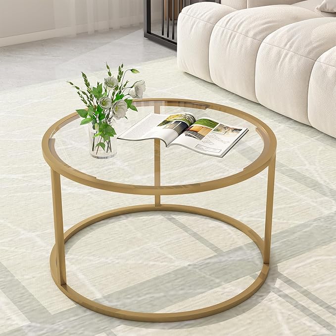 Glass Coffee Table,Round Gold Coffee Table for Small Space,27" Modern Center Table,Glass Top Clear Coffee Table with Sturdy Metal Frame for for Living Room Home Office, Easy Assembly
