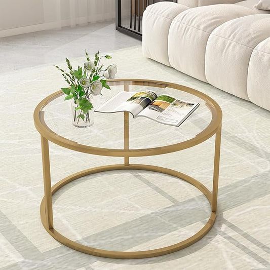 Glass Coffee Table,Round Gold Coffee Table for Small Space,27" Modern Center Table,Glass Top Clear Coffee Table with Sturdy Metal Frame for for Living Room Home Office, Easy Assembly