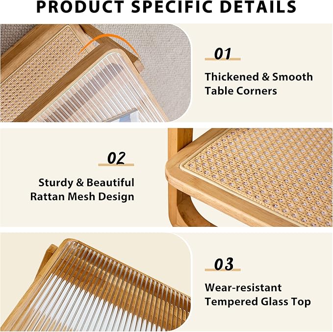 Rattan Coffee Table with Tempered Glass Top,Wood Coffee Table for Living Room,Glass Top with Imitation Rattan Storage Shelf, Rectangle Coffee Table for Living Room