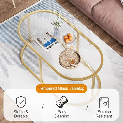 Coffee Table Gold Glass Coffee Table for Living Room, Oval Table Center Table with Ribbed Glass Top and Sturdy Metal Frame,Modern Glass Accent Tables for Bedroom Home Office