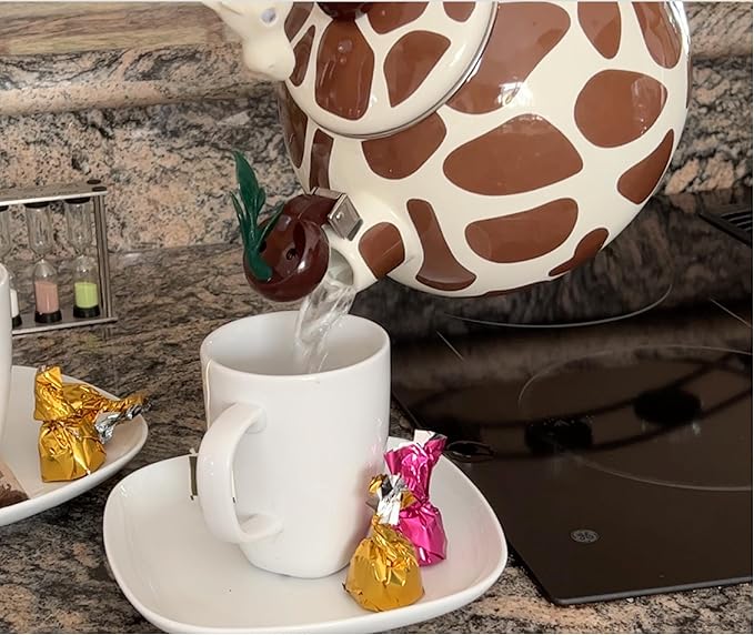 Trenton Gifts Giraffe Design Whistling Tea Kettle - Enamel on Steel Teakettle for Stove Top - Cute Kitchen Accessories - 2.1 Quart