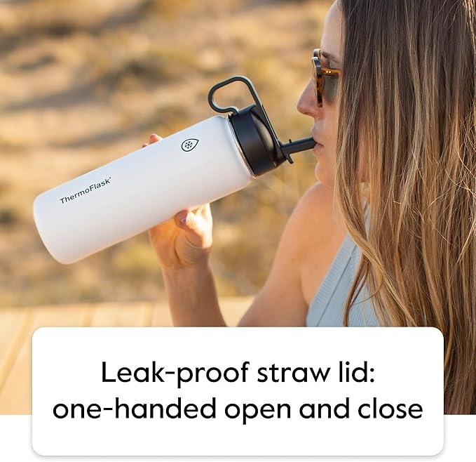 ThermoFlask 40 oz Double Wall Vacuum Insulated Stainless Steel Water Bottle with Spout and Straw Lids, Cobalt