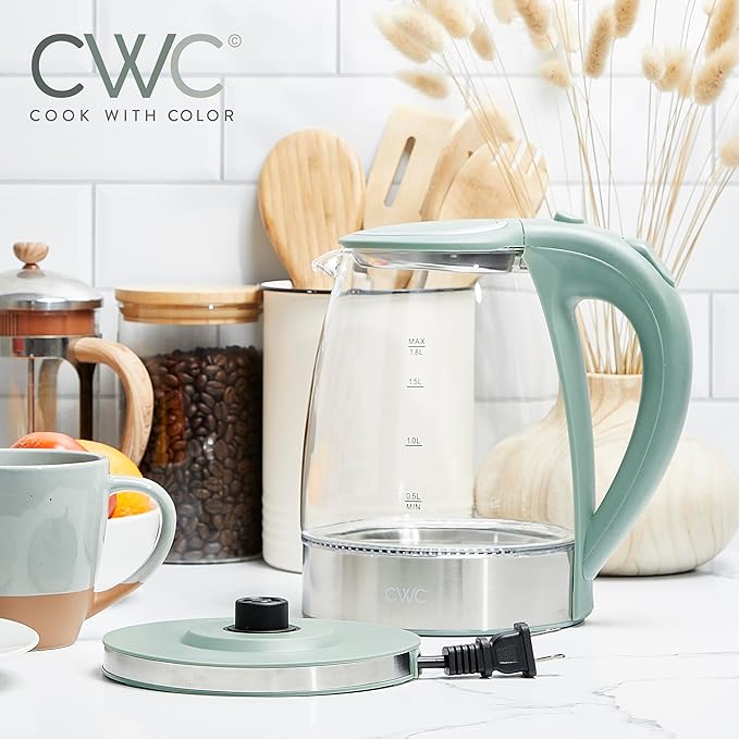 COOK WITH COLOR Electric Kettle - Rapid Boil, Sleek Design, and Safety Features - Great for Quick and Easy, Sage, 1.8 Liters