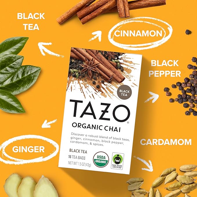 TAZO Tea Bags, Regenerative Organic: Chai Black Tea, Awake English Breakfast Black Tea, & Earl Grey Tea 16 CT (2ea) (Variety Pack)