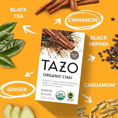 TAZO Organic Chai Black Tea Bags, Blend of Black Teas, Ginger, Cinnamon, Black Pepper & Cardamom, 96 Total Tea Bags (16ct - Pack of 6)