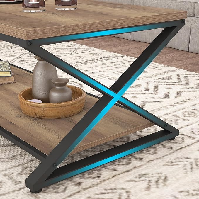 HSH Rustic Farmhouse Coffee Table, Modern Minimalist Wood and Metal Living Room Table, 2 Tie Rectangle Center Table with Storage & Display Shelf, Simple Office Cocktail Tea Table, Rustic Oak, 39 Inch