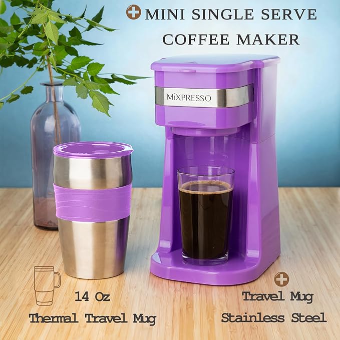 Mixpresso Purple Personal Single Serve Coffee Maker with 14oz Travel Mug, Drip Small Coffee Maker with Auto Shut Off, Reusable Filter, Works with Ground Coffee Only – Not for K-Cup Pods