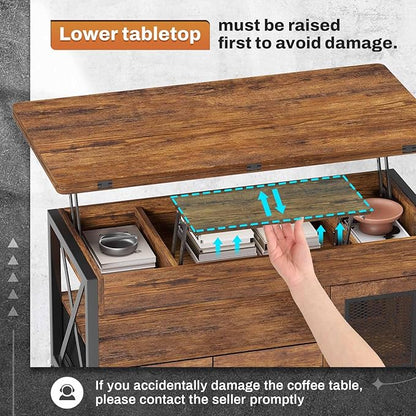 Itaar 40" Lift Top Coffee Table, 4 in 1 Coffee Tables with Storage Cabinet for Living Room, Small Farmhouse Coffee Table with 2 Fabric Drawers & LED Light for Dining Room, Rustic Brown