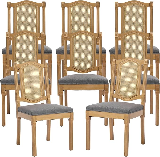 Vintage French Country Dining Chairs Set of 8, Grey Cane Back Rattan Dining Chairs with Linen Upholstered Seat, Solid Wood Legs, Farmhouse Kitchen & Dining Room, Sillas De Comedor (Gray, 8Pcs)