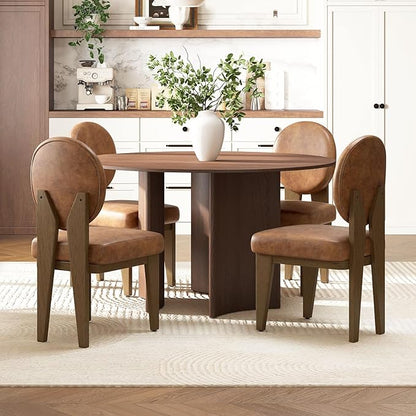 Mid-Century Modern Walnut Dining Chairs Set of 4, Vintage Brown Leather Wooden Kitchen Chairs, Retro Upholstered PU Cushioned Seat with Curved Backrest, Armless Accent Side Chair for Bedroom
