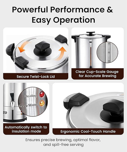 Commercial Coffee Maker 50-Cup Percolator Coffee Pot Electric Dispenser with Double Wall Stainless Steel Anti-Spill, 8L Large Fast Brew Hot Water Urn for Tea Church Events Easy Cleaning