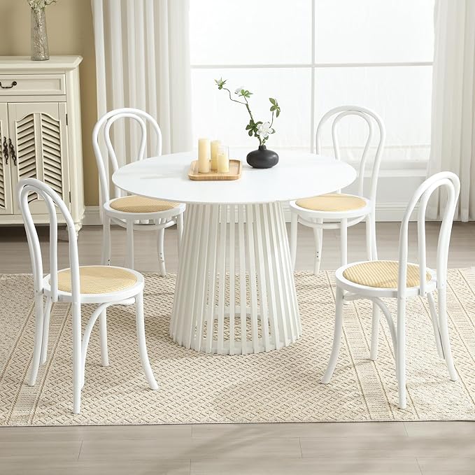 Kmax Vintage Dining Chairs Set of 4, Thonet Soild Wood Rattan Kitchen Chairs Armless French Country Dining Chairs for Wedding Hotel Dessert Shop Cafe, White