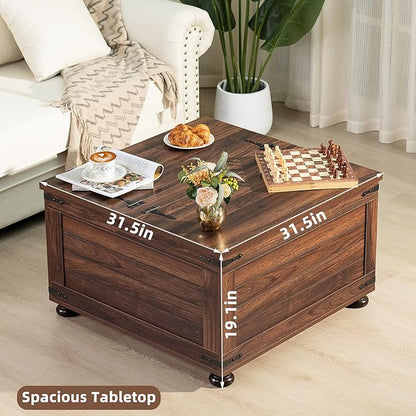 Farmhouse Coffee Table with Hidden Storage,Large Square Center Table for Living Room,Retro Cocktail Tables with Flip-Top Lids, Farm House Tables with Wooden Gourd Feet for Home,Brown Walnut