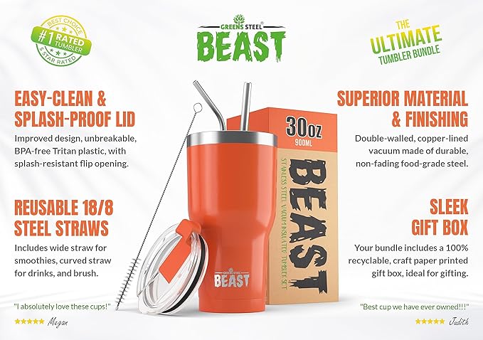 Beast 30 oz Tumbler Stainless Steel Vacuum Insulated Coffee Ice Cup Double Wall Travel Flask (Orange)