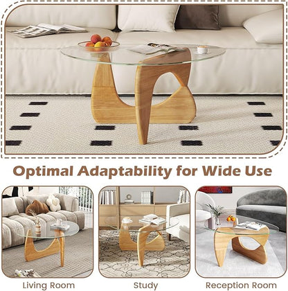 Tangkula Triangle Glass Coffee Table, Mid-Century Modern Center Table with Tempered Glass Top & Adjustable Rubber Wood Base, Small Coffee Table for Small Spaces, Living Room & Reception Room (Natural)