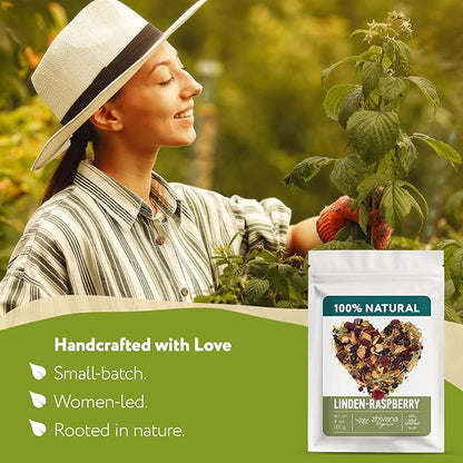 Linden & Raspberry Herbal Tea Loose Leaf – Fruity Tea with Raspberry Leaf & Fruit, Lemon Balm & Elderflower – No Caffeine – Naturally Calming Herbal Teas – 4oz.