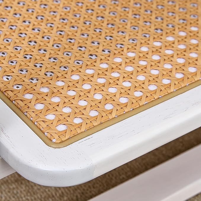 Mid Century Modern Coffee Table with Ribbed Glass Top and PE Rattan Storage Shelf, 45 Inch Rectangular Solid Wood Boho Coffe Table, Unique Center Table for Livinig Room Apartment Small Space