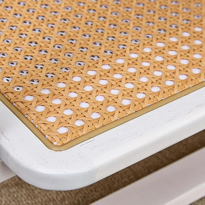 Mid Century Modern Coffee Table with Ribbed Glass Top and PE Rattan Storage Shelf, 45 Inch Rectangular Solid Wood Boho Coffe Table, Unique Center Table for Livinig Room Apartment Small Space