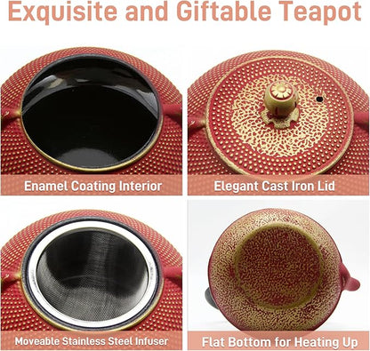Cast Iron Teapot Tea Kettle with Stainless Steel Infuser for Stovetop Safe Coated with Enameled Interior Japanese Red Tetsubin for Loose Tea(30.4oz/900ml)
