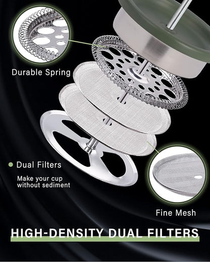 POLIVIAR French Press Coffee Maker, 12 oz Portable French Press with Mini Canister and Collection Bag, Double Wall Insulation & Dual- Filter Screen, Food Grade Stainless Steel for Coffee