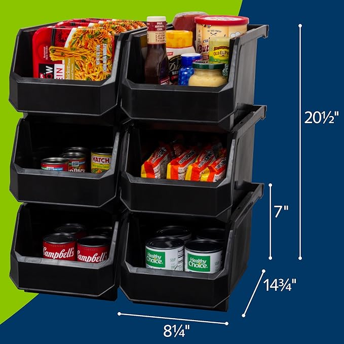 Plastic Containers for Organizing and Storage Bins for Closet, Kitchen, Office, Garage or Pantry Organization, Stackable Bins, Large (14.8" x 8" x 7"), 6-Pack, Black