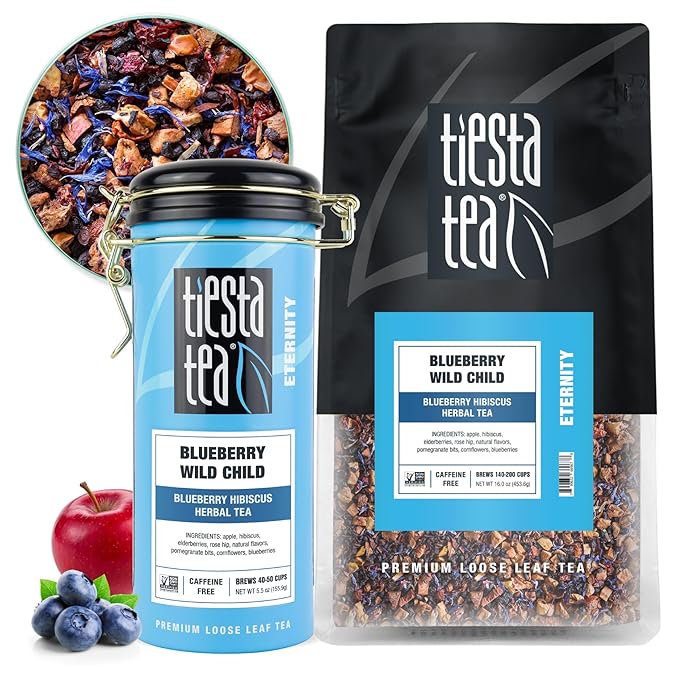 Tiesta Tea - Blueberry Wild Child, Loose Leaf, Blueberry Hibiscus Herbal Tea, Premium Non-Caffeinated Blend, Hot or Iced & Brews Up to 250 Cups, 16oz Bulk Pouch & 5.5oz Refillable Tin Combo