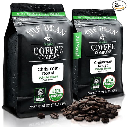 The Bean Organic Coffee Company Christmas Roast, Dark Roast, Whole Bean Coffee, 16-Ounce Bags (Pack of 2)