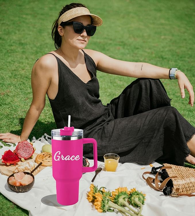 Ships Next Day,Birth Flower 40 Oz Tumbler with Handle and Straw, Personalized Tumbler with Name Insulated Cup Reusable Stainless Steel Water Bottle Travel Mug Christmas Birthday Gifts for Women