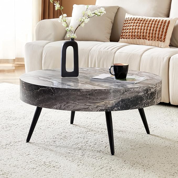 31.5" Modern Round Coffee Table,Small Coffee Tables Center Table with Metal Legs Marble-Patterned Tabletop for Living Room Office Apartment,Easy to Assemble, Grey Marble
