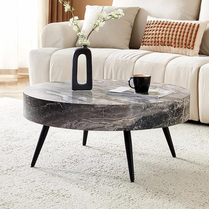 31.5" Modern Round Coffee Table,Small Coffee Tables Center Table with Metal Legs Marble-Patterned Tabletop for Living Room Office Apartment,Easy to Assemble, Grey Marble