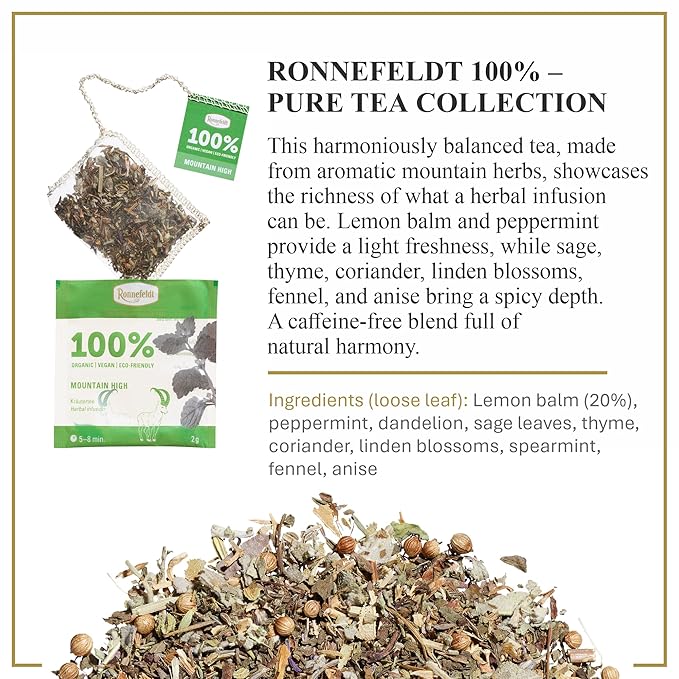 Ronnefeldt 100% Mountain High – German Herbal Tea with Lemon Balm, Peppermint, Sage & Thyme – Loose Leaf in 15 Individually Wrapped Bags – Naturally Caffeine-Free & Vegan-Friendly