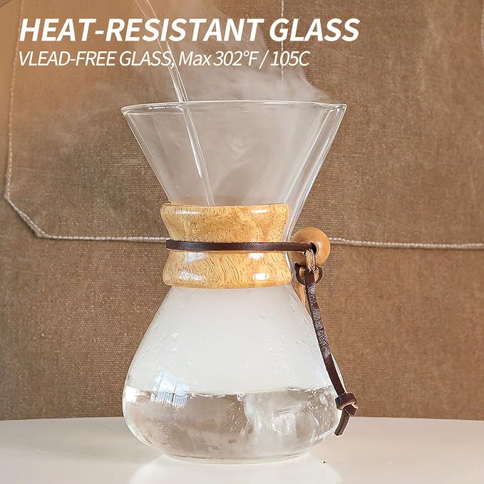 Pour Over Coffee Maker 20 OZ, 6 Cup Borosilicate Glass Drip Coffee Maker with Reusable Stainless Steel Filter and Cork Grip for Home Café 600 ML