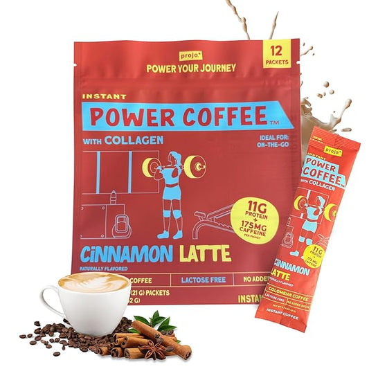 Projo* Power Coffee – Instant Coffee with 11g Protein – Grass-Fed Hydrolyzed Bovine Collagen & 175mg Caffeine – Cinnamon Latte Flavor – Organic – Energy Support – 12 Single-Serve Packets