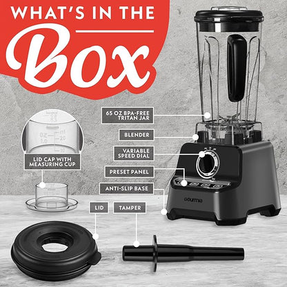 Gourmia Countertop Commercial Blender – 2L BPA-Free Pitcher, 4 Presets, 1500W High-Speed Motor, 45,000 RPM, Variable Speed Dial, Built-In Tamper, Dishwasher-Safe Parts, Black