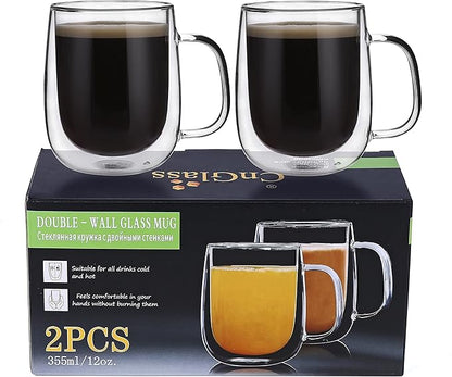 CNGLASS Glass Coffee Mugs 12oz,Double Wall Insulated Mug Set with Handle,Clear Glass Espresso Mugs for Latte,Cappuccino,Tea Bag,Hot and Cold Beverages,Set of 2