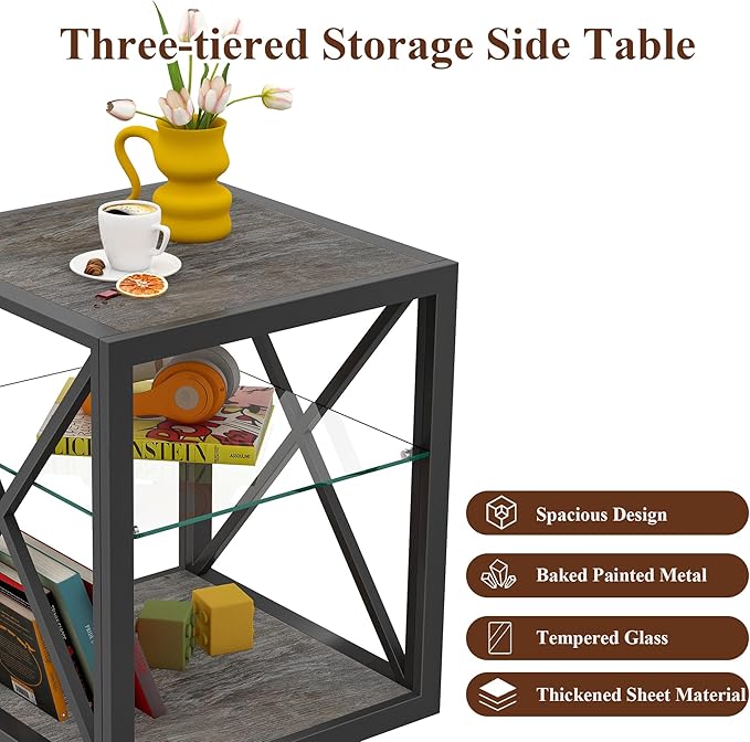 Rustic End Table for Living Room 17.7" Bedroom Nightstand, Modern Tempered Glass Shelf & Wood MDF Top Square Side Table 1 Piece, Industrial Style Grey