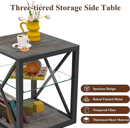 Rustic End Table for Living Room 17.7" Bedroom Nightstand, Modern Tempered Glass Shelf & Wood MDF Top Square Side Table 1 Piece, Industrial Style Grey