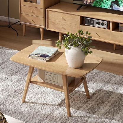 100% Solid Oak Wood Coffee Table for Living Room, Small Table with Shelf Storage, Mid Century Modern Coffee Tables with Rounded Corners for Home (Natural, 31.49“ x 22.05” x 17.32“)