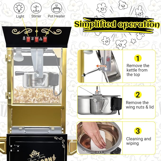 Vintage Popcorn Machine with Cart, 12oz Popper Stainless-Steel Kettle & Warming Light, Makes Up to 60 Cups, Ideal for Family Gatherings, Movie Theaters & Amusement Parks, Black&Gold