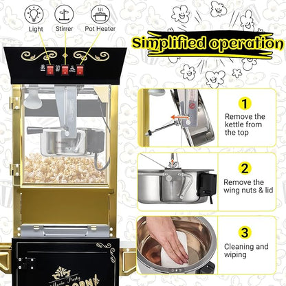 Vintage Popcorn Machine with Cart, 12oz Popper Stainless-Steel Kettle & Warming Light, Makes Up to 60 Cups, Ideal for Family Gatherings, Movie Theaters & Amusement Parks, Black&Gold