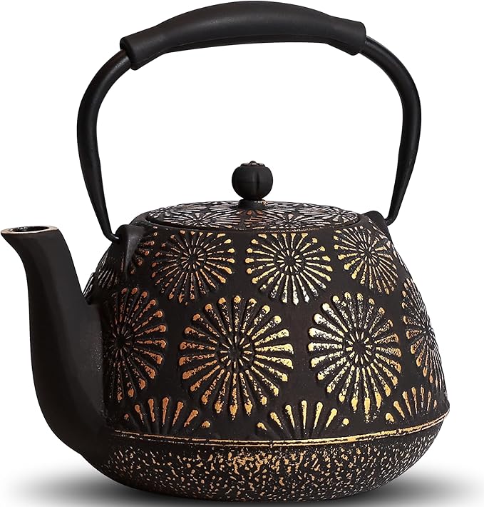 Cast Iron Teapot, 40oz Tea Kettle with Infuser for Stove Top, Sakura Design Japanese Tea Pot for Tea&Coffee Coated with Enameled Interior, Silicone Handle 1200ml black