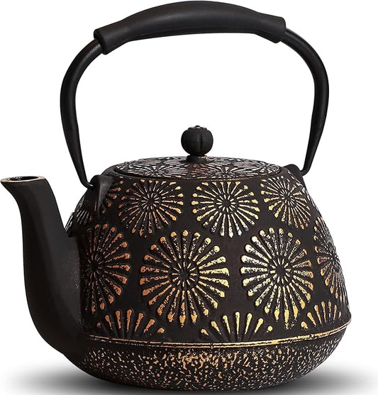 Cast Iron Teapot, 40oz Tea Kettle with Infuser for Stove Top, Sakura Design Japanese Tea Pot for Tea&Coffee Coated with Enameled Interior, Silicone Handle 1200ml black