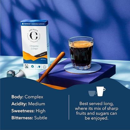 Cru Kafe Lungo Americano Strong USDA Organic Espresso Coffee Capsules (50 Pods) Fairtrade Coffee Pods Compatible with Nespresso Original Line and Pixie Machines